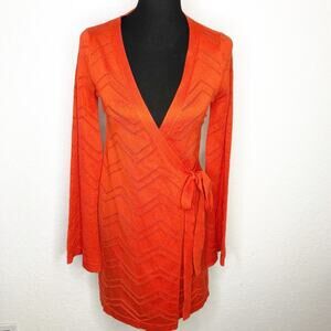 Dee Elly bright orange chevron knit wrap front long sweater size Large